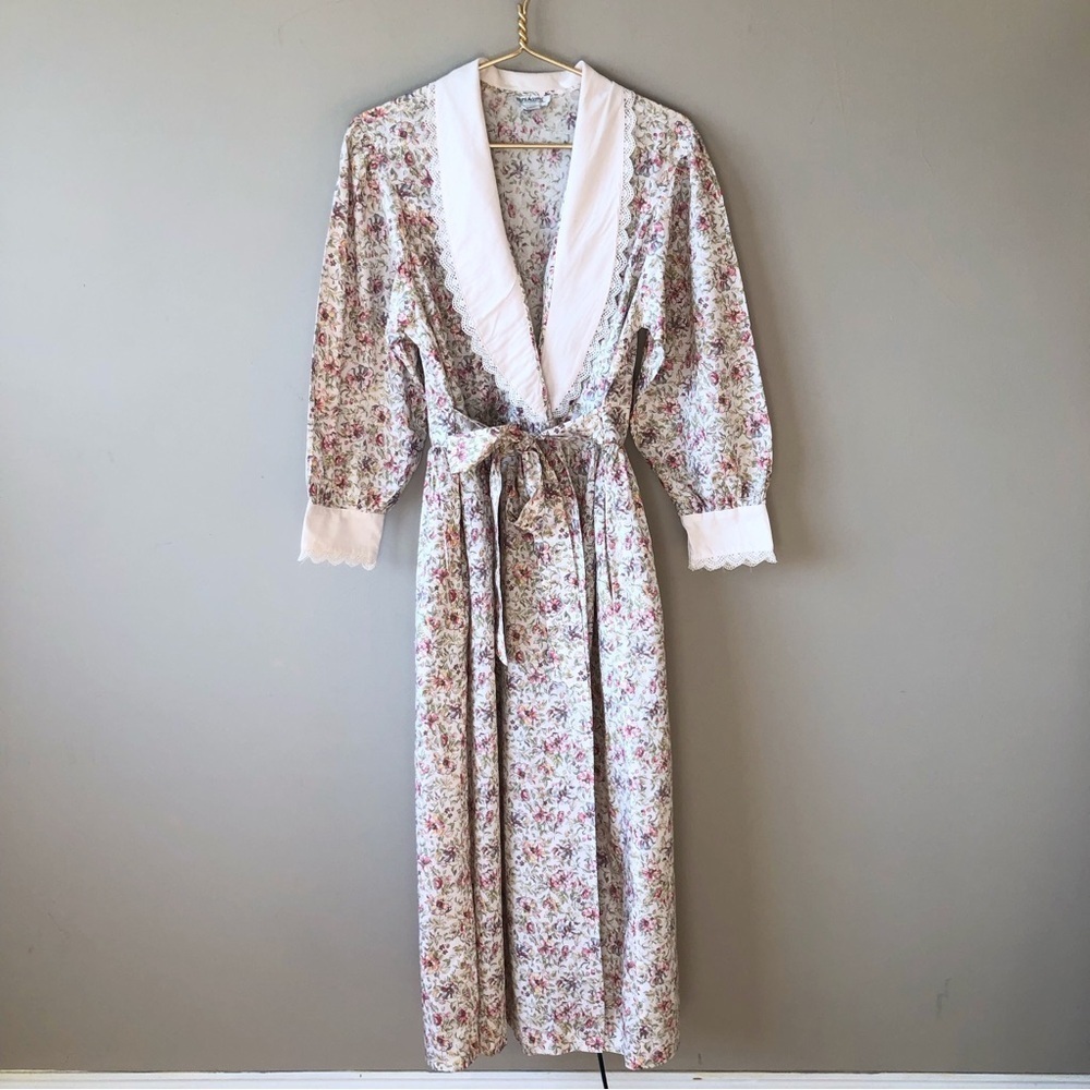 Vintage Laura Adams Floral Robe Wrap Cottage Prairie Maxi Dress M/L